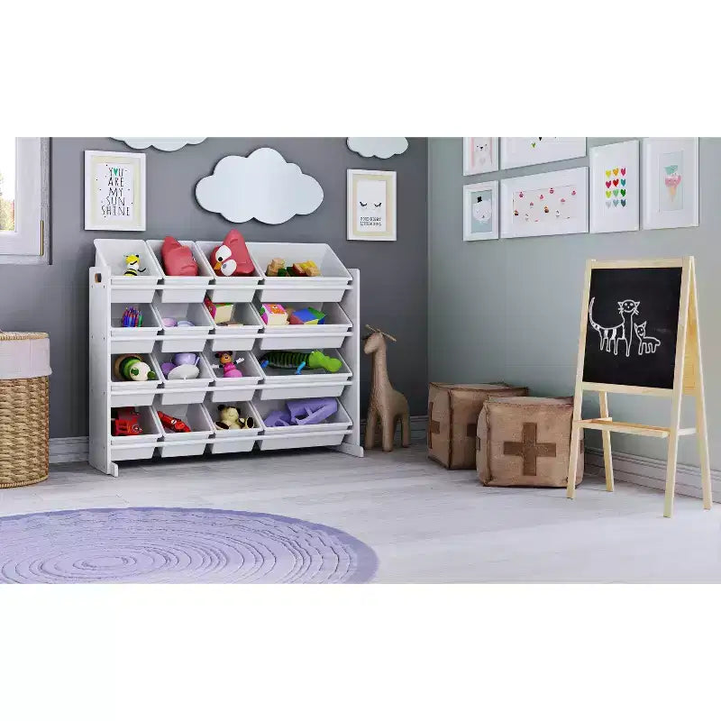 Organizzatore per giocattoli extra-large per bambini con 16 contenitori, Bianco