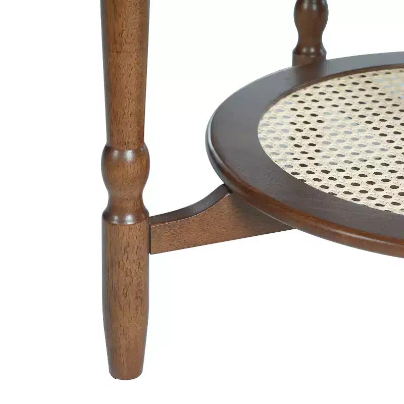Tavolino Petal con Piano in Vetro con Motivo Craquelé Bianco e Ripiano in Rattan, Stile Moderno di Metà Secolo, Noce