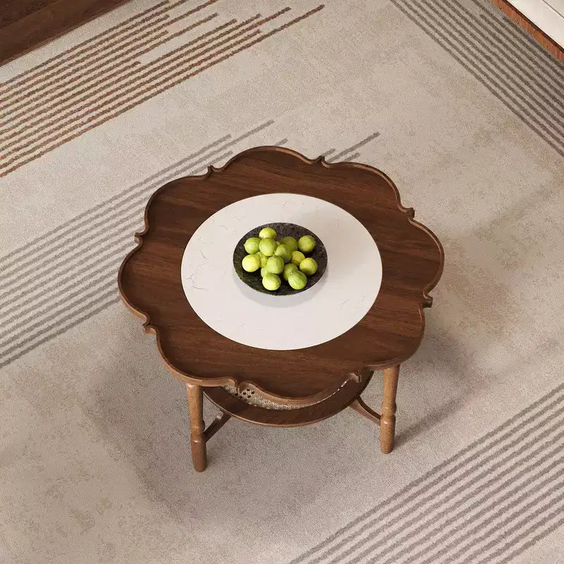 Tavolino Petal con Piano in Vetro con Motivo Craquelé Bianco e Ripiano in Rattan, Stile Moderno di Metà Secolo, Noce