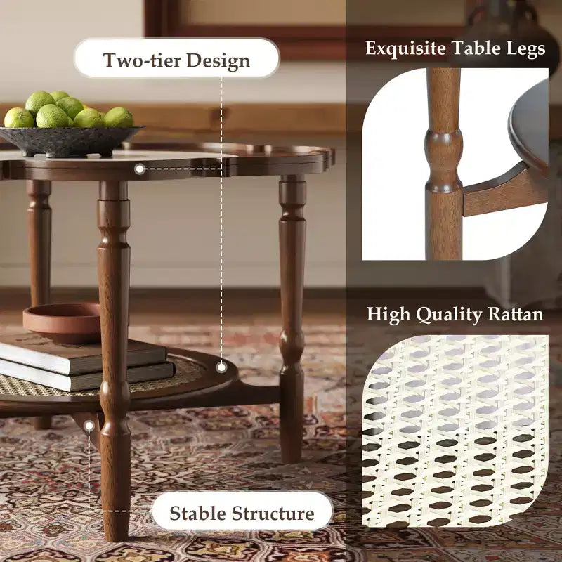 Tavolino Petal con Piano in Vetro con Motivo Craquelé Bianco e Ripiano in Rattan, Stile Moderno di Metà Secolo, Noce