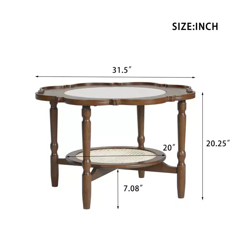 Tavolino Petal con Piano in Vetro con Motivo Craquelé Bianco e Ripiano in Rattan, Stile Moderno di Metà Secolo, Noce