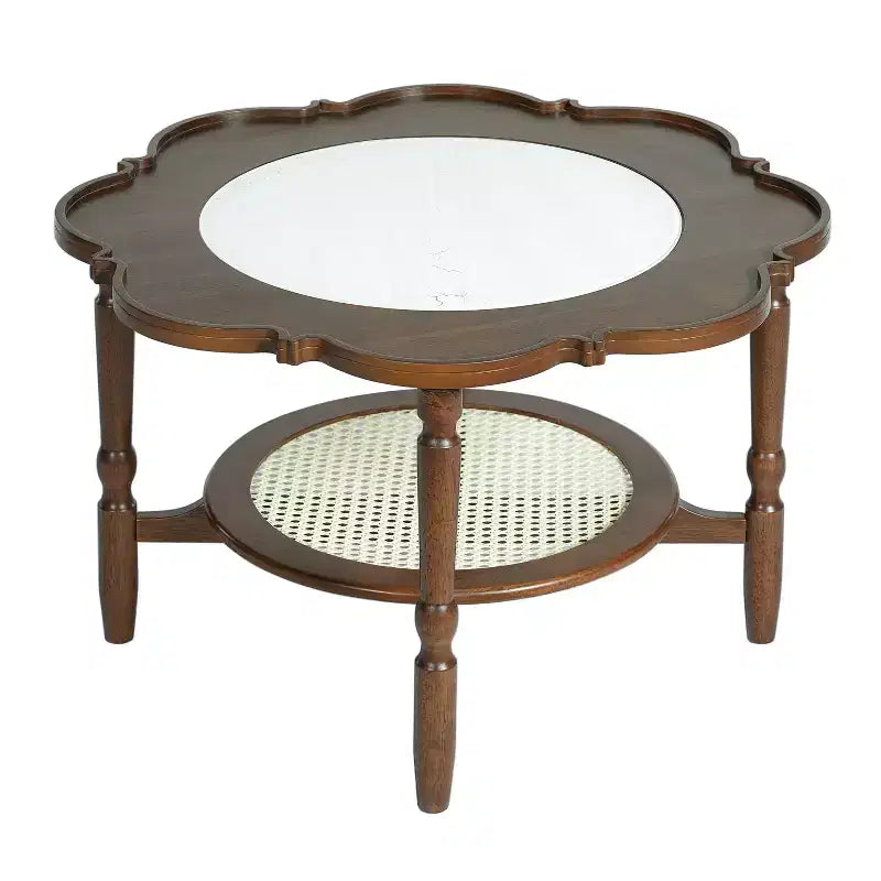 Tavolino Petal con Piano in Vetro con Motivo Craquelé Bianco e Ripiano in Rattan, Stile Moderno di Metà Secolo, Noce
