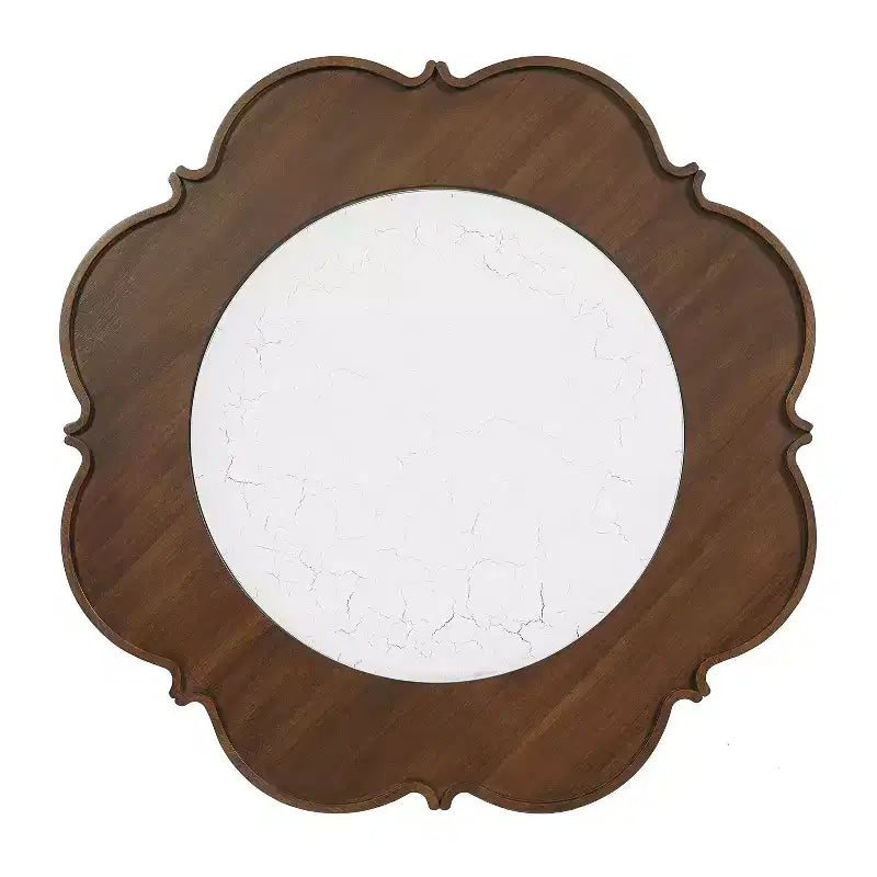 Tavolino Petal con Piano in Vetro con Motivo Craquelé Bianco e Ripiano in Rattan, Stile Moderno di Metà Secolo, Noce