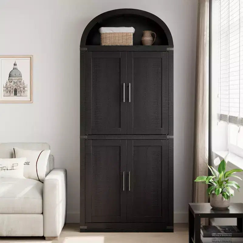 Libreria ad arco alta 183 cm con 4 ante in vetro/legno e ripiano aperto, vetrina indipendente