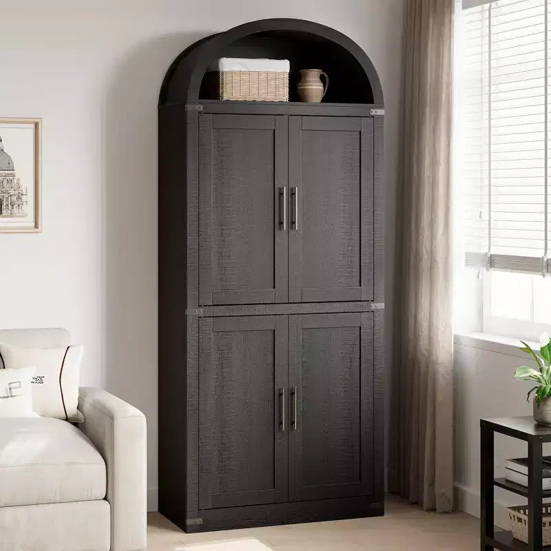 Libreria ad arco alta 183 cm con 4 ante in vetro/legno e ripiano aperto, vetrina indipendente