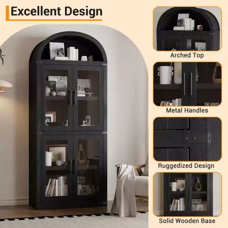Libreria ad arco alta 183 cm con 4 ante in vetro/legno e ripiano aperto, vetrina indipendente