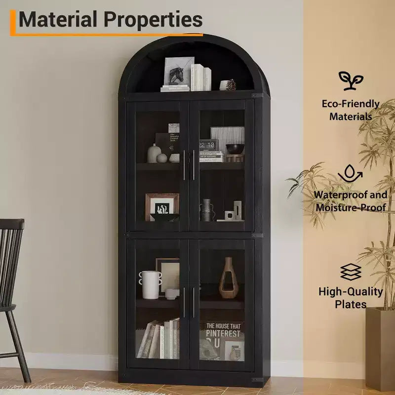 Libreria ad arco alta 183 cm con 4 ante in vetro/legno e ripiano aperto, vetrina indipendente
