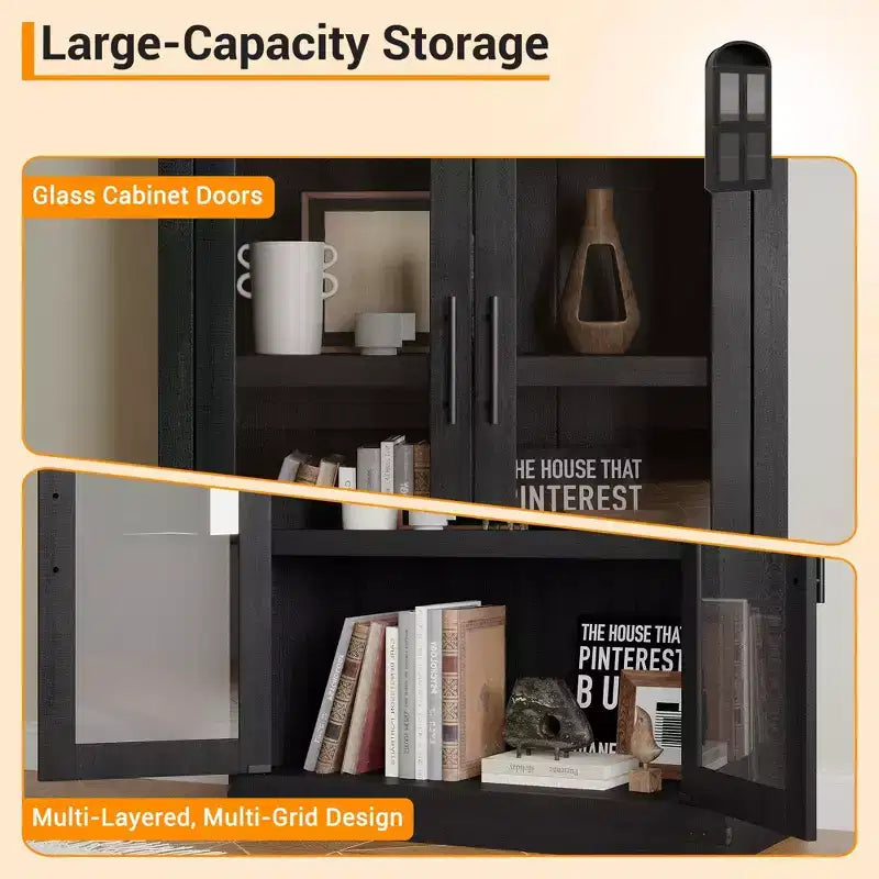 Libreria ad arco alta 183 cm con 4 ante in vetro/legno e ripiano aperto, vetrina indipendente