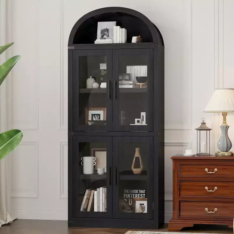 Libreria ad arco alta 183 cm con 4 ante in vetro/legno e ripiano aperto, vetrina indipendente