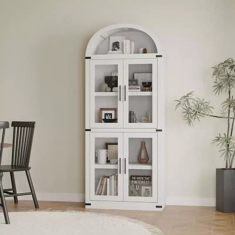 Libreria ad arco alta 183 cm con 4 ante in vetro/legno e ripiano aperto, vetrina indipendente
