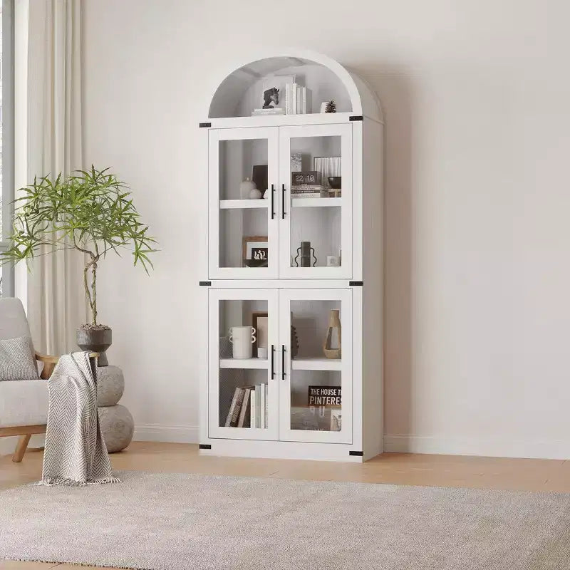 Libreria ad arco alta 183 cm con 4 ante in vetro/legno e ripiano aperto, vetrina indipendente