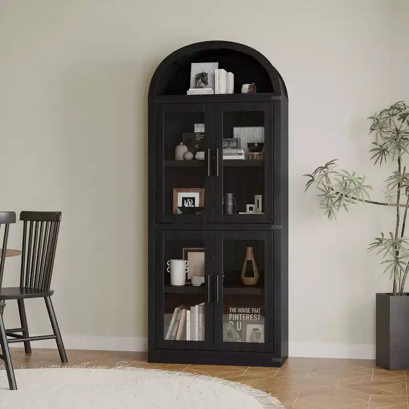 Libreria ad arco alta 183 cm con 4 ante in vetro/legno e ripiano aperto, vetrina indipendente