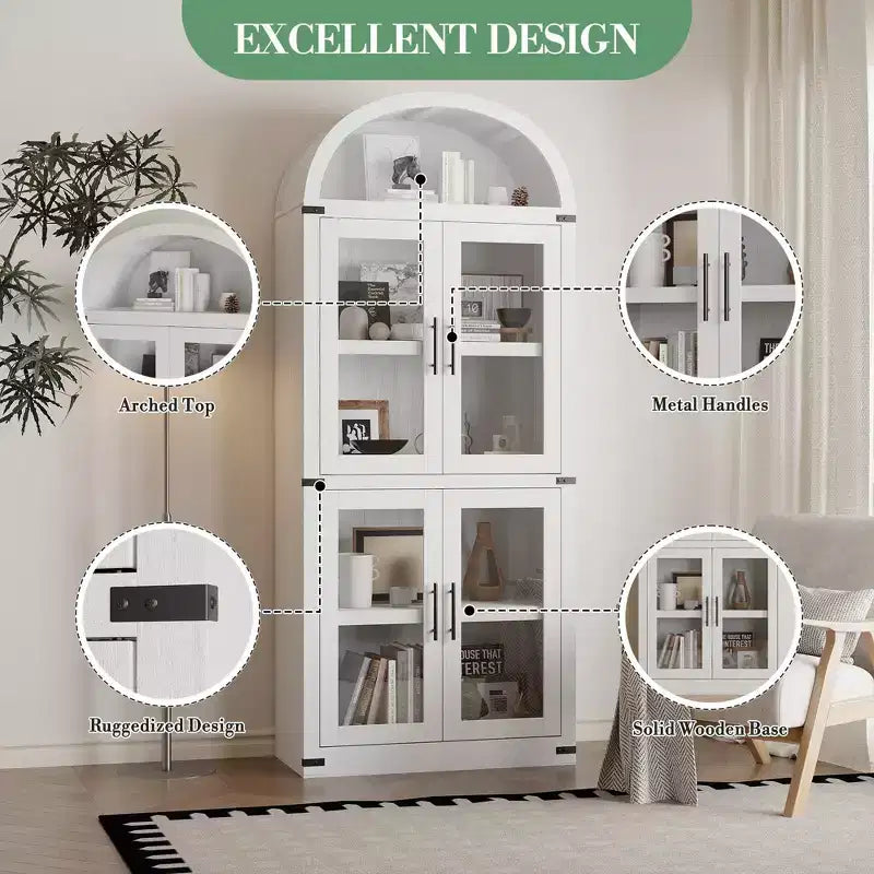 Libreria ad arco alta 183 cm con 4 ante in vetro/legno e ripiano aperto, vetrina indipendente