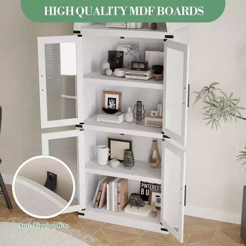 Libreria ad arco alta 183 cm con 4 ante in vetro/legno e ripiano aperto, vetrina indipendente