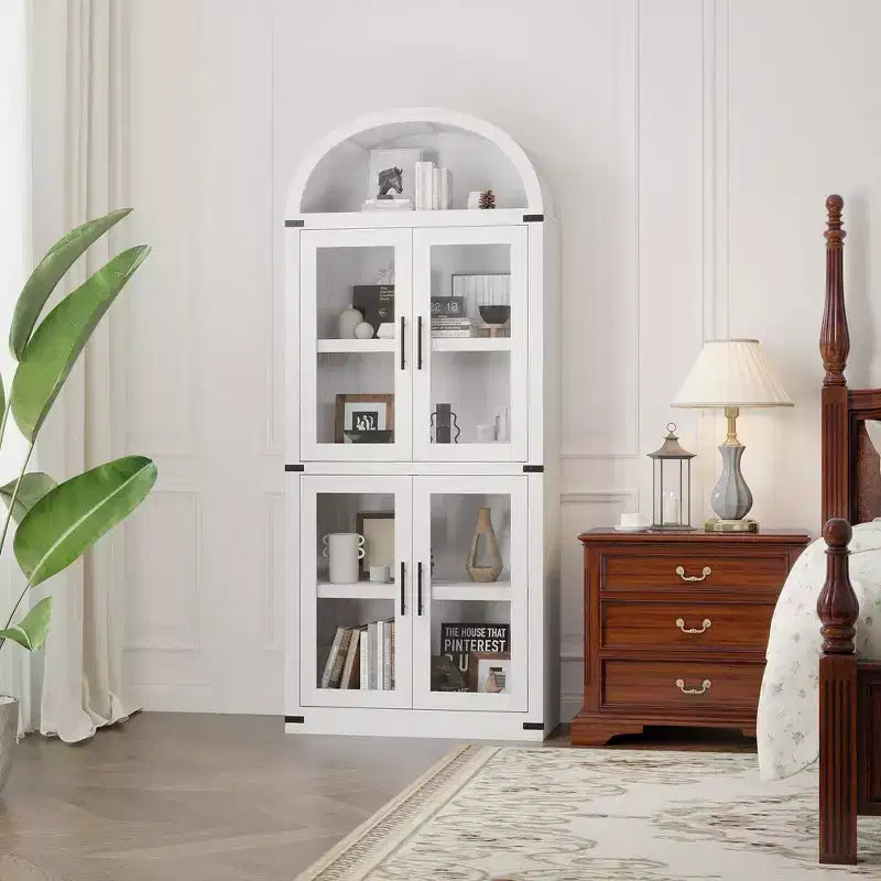 Libreria ad arco alta 183 cm con 4 ante in vetro/legno e ripiano aperto, vetrina indipendente