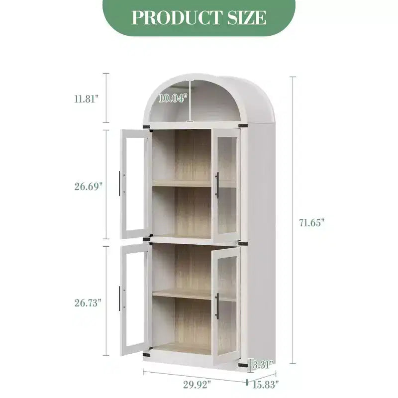 Libreria ad arco alta 183 cm con 4 ante in vetro/legno e ripiano aperto, vetrina indipendente