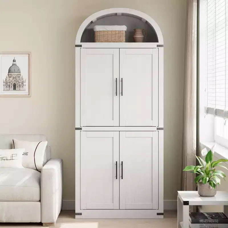 Libreria ad arco alta 183 cm con 4 ante in vetro/legno e ripiano aperto, vetrina indipendente