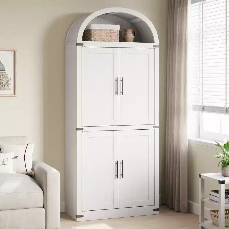 Libreria ad arco alta 183 cm con 4 ante in vetro/legno e ripiano aperto, vetrina indipendente