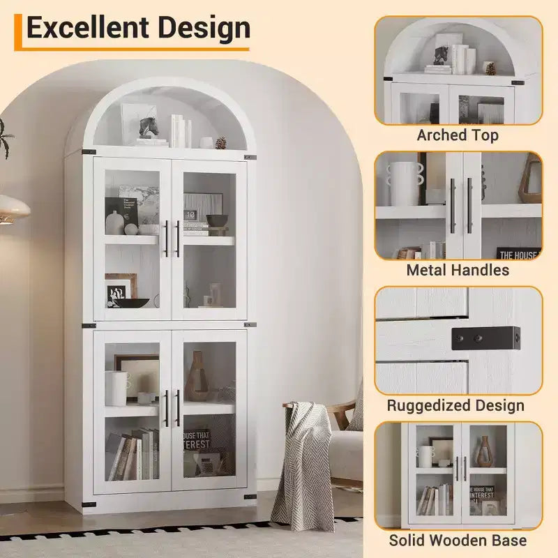 Libreria ad arco alta 183 cm con 4 ante in vetro/legno e ripiano aperto, vetrina indipendente