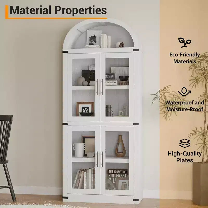 Libreria ad arco alta 183 cm con 4 ante in vetro/legno e ripiano aperto, vetrina indipendente