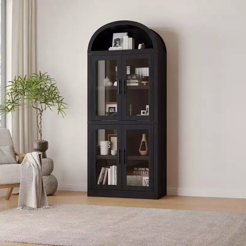 Libreria ad arco alta 183 cm con 4 ante in vetro/legno e ripiano aperto, vetrina indipendente