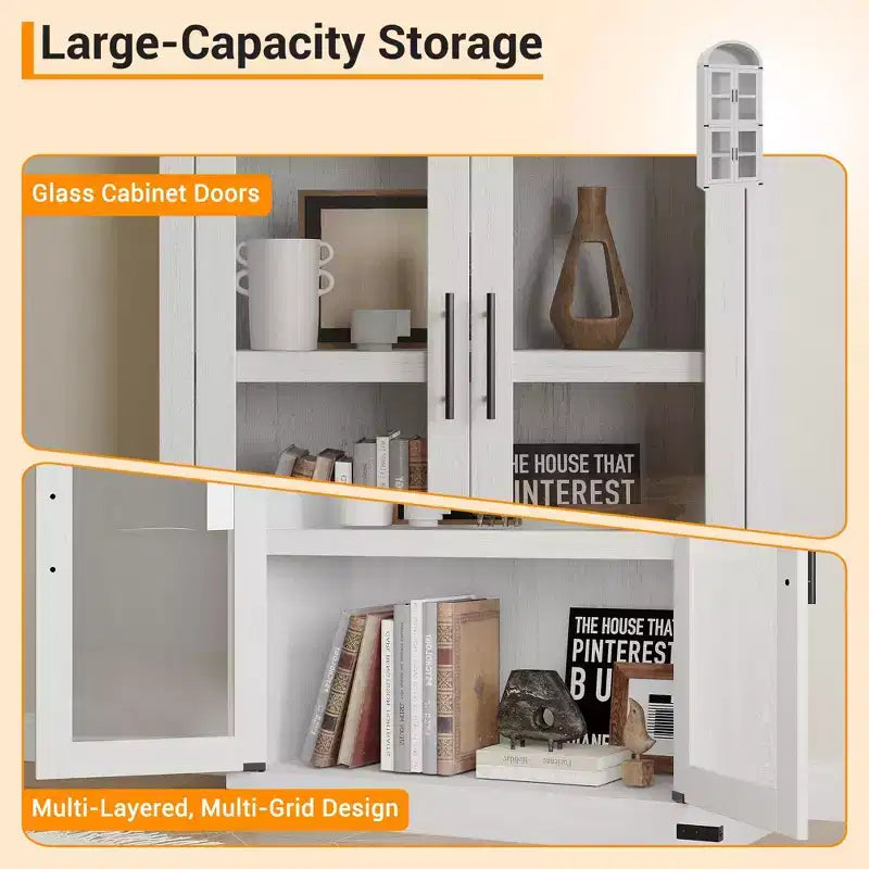 Libreria ad arco alta 183 cm con 4 ante in vetro/legno e ripiano aperto, vetrina indipendente