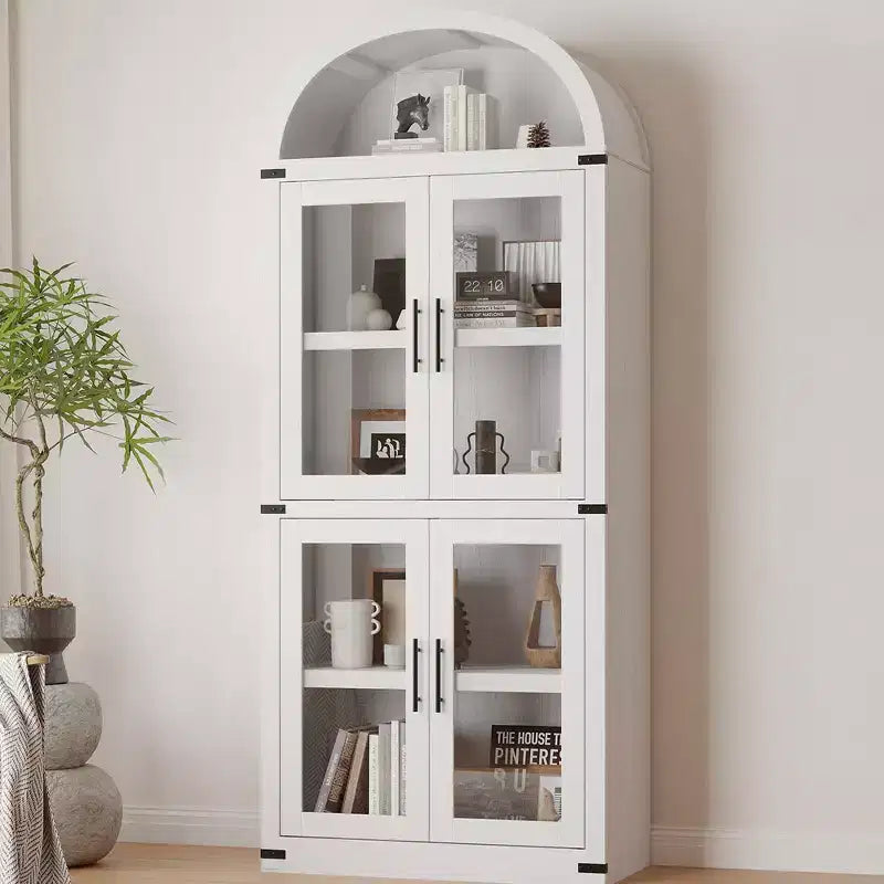 Libreria ad arco alta 183 cm con 4 ante in vetro/legno e ripiano aperto, vetrina indipendente