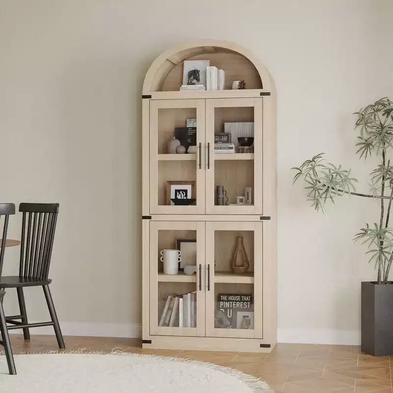 Libreria ad arco alta 183 cm con 4 ante in vetro/legno e ripiano aperto, vetrina indipendente