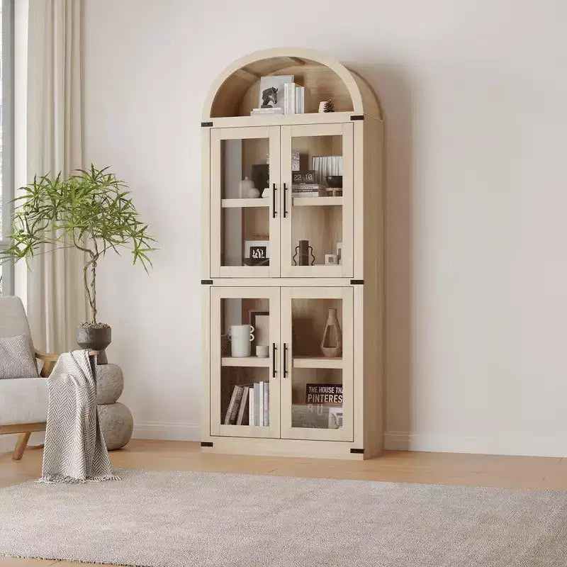 Libreria ad arco alta 183 cm con 4 ante in vetro/legno e ripiano aperto, vetrina indipendente