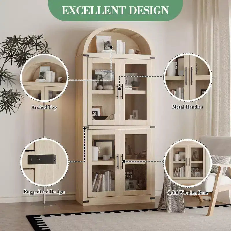 Libreria ad arco alta 183 cm con 4 ante in vetro/legno e ripiano aperto, vetrina indipendente