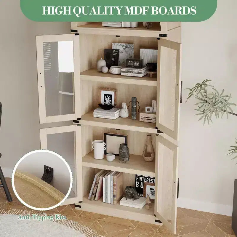 Libreria ad arco alta 183 cm con 4 ante in vetro/legno e ripiano aperto, vetrina indipendente