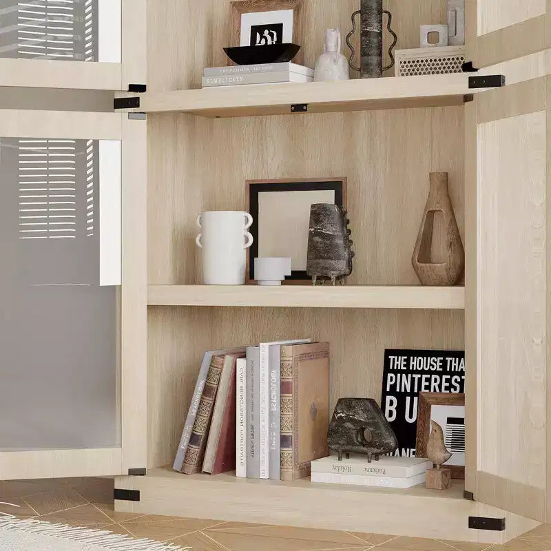Libreria ad arco alta 183 cm con 4 ante in vetro/legno e ripiano aperto, vetrina indipendente