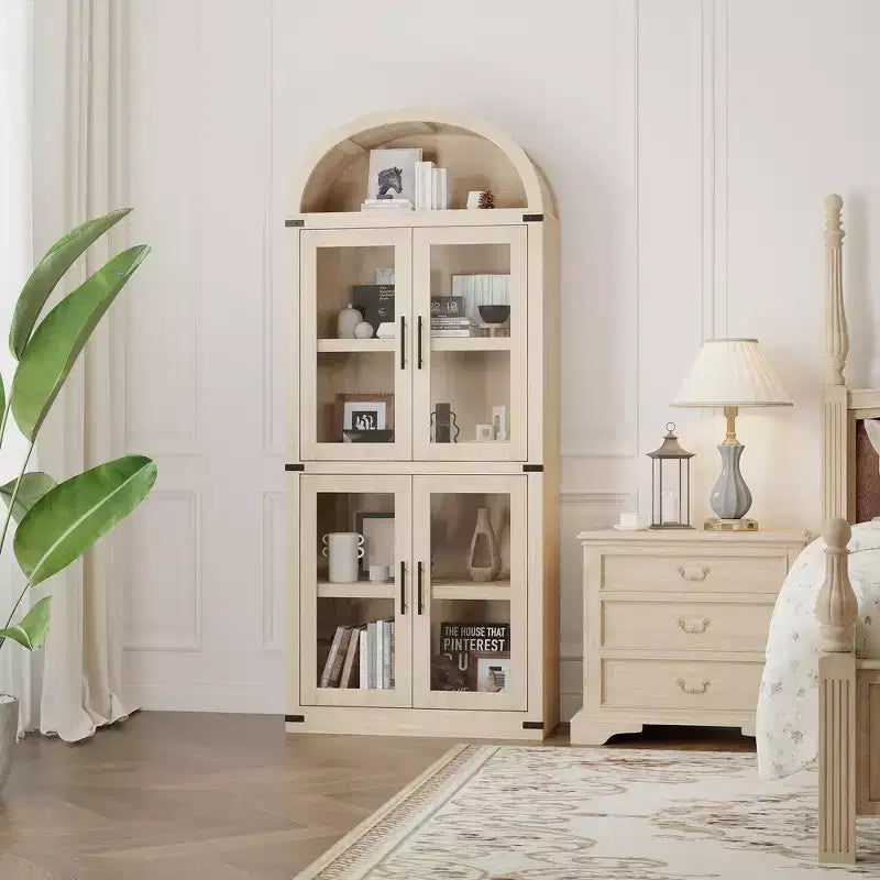 Libreria ad arco alta 183 cm con 4 ante in vetro/legno e ripiano aperto, vetrina indipendente