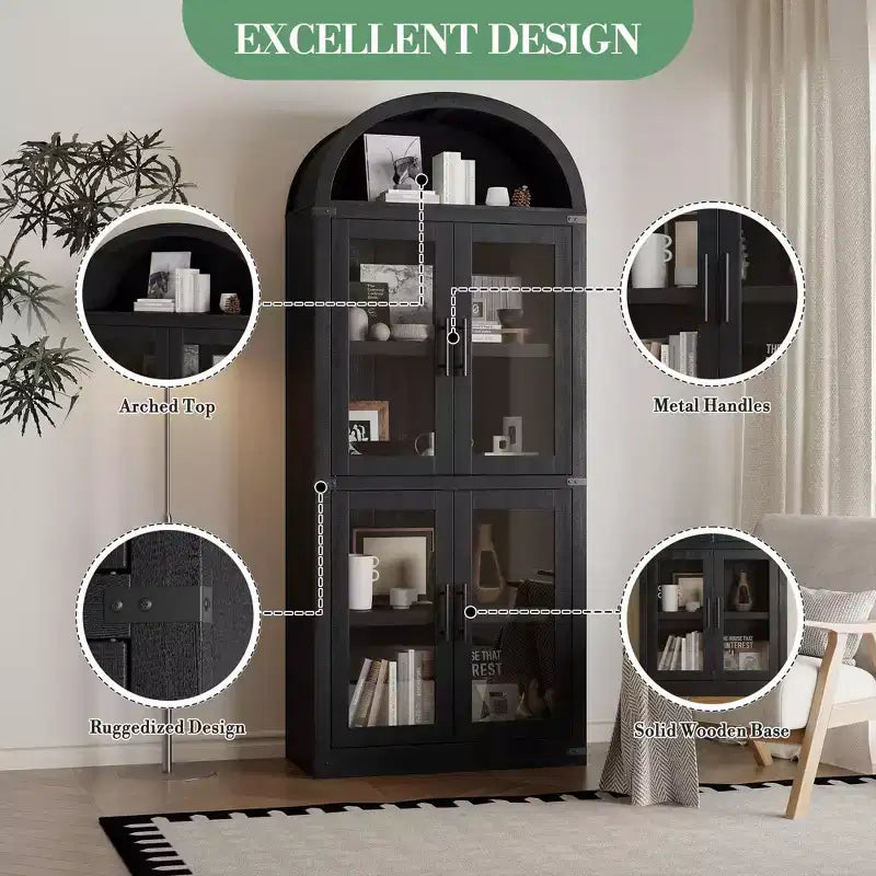 Libreria ad arco alta 183 cm con 4 ante in vetro/legno e ripiano aperto, vetrina indipendente