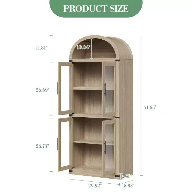 Libreria ad arco alta 183 cm con 4 ante in vetro/legno e ripiano aperto, vetrina indipendente