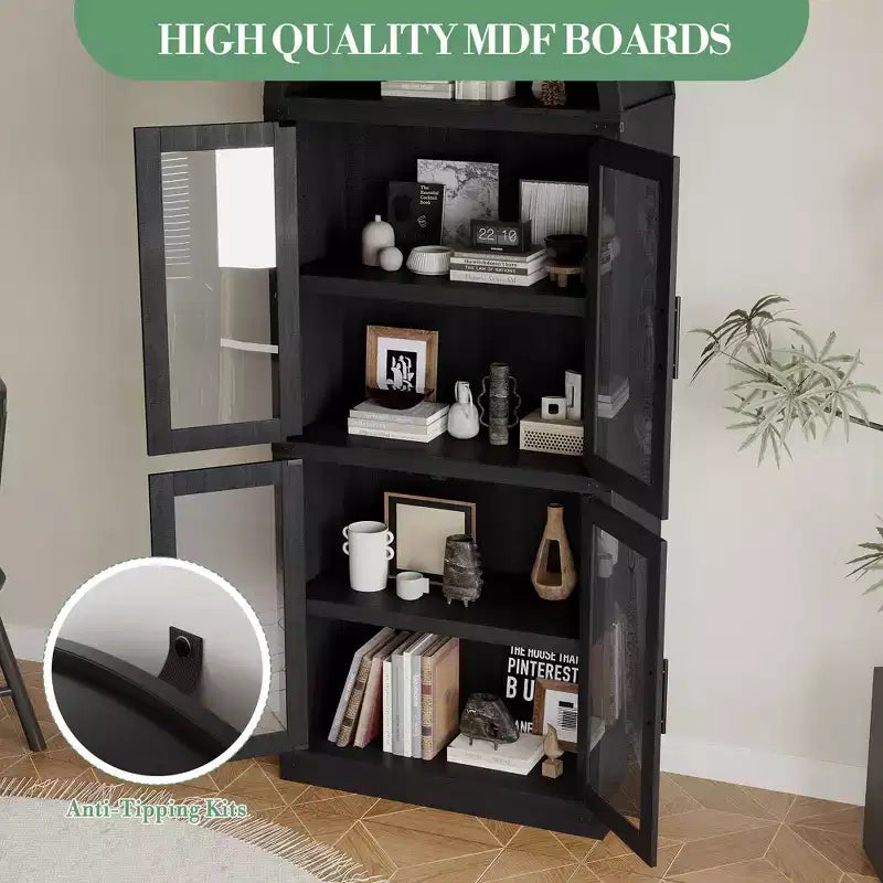 Libreria ad arco alta 183 cm con 4 ante in vetro/legno e ripiano aperto, vetrina indipendente