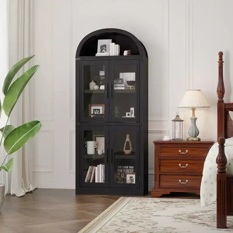 Libreria ad arco alta 183 cm con 4 ante in vetro/legno e ripiano aperto, vetrina indipendente