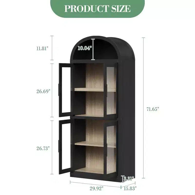 Libreria ad arco alta 183 cm con 4 ante in vetro/legno e ripiano aperto, vetrina indipendente