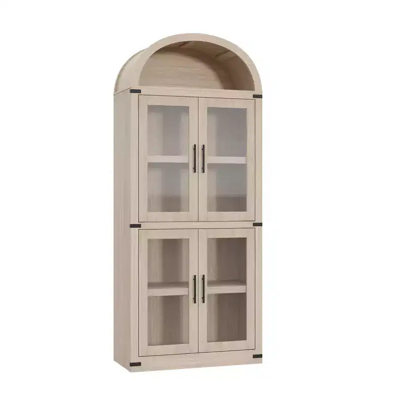 Libreria ad arco alta 183 cm con 4 ante in vetro/legno e ripiano aperto, vetrina indipendente
