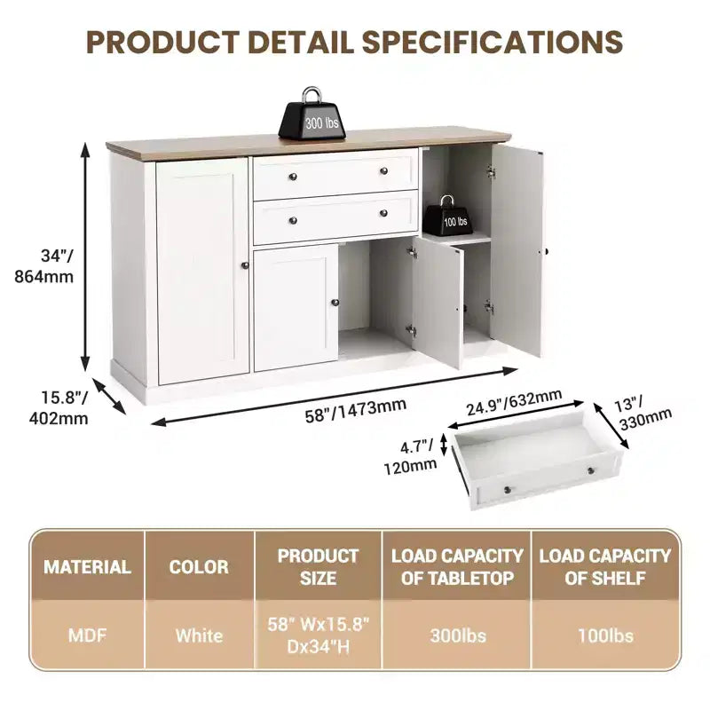 Madia Credenza da 58" con Ante e Cassetti, Mobile Dispensa da Cucina in Legno Stile Fattoria con 4 Ante e 2 Cassetti, Mobile Contenitore per Bar Caffè