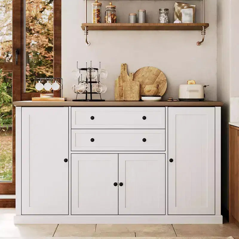 Madia Credenza da 58" con Ante e Cassetti, Mobile Dispensa da Cucina in Legno Stile Fattoria con 4 Ante e 2 Cassetti, Mobile Contenitore per Bar Caffè