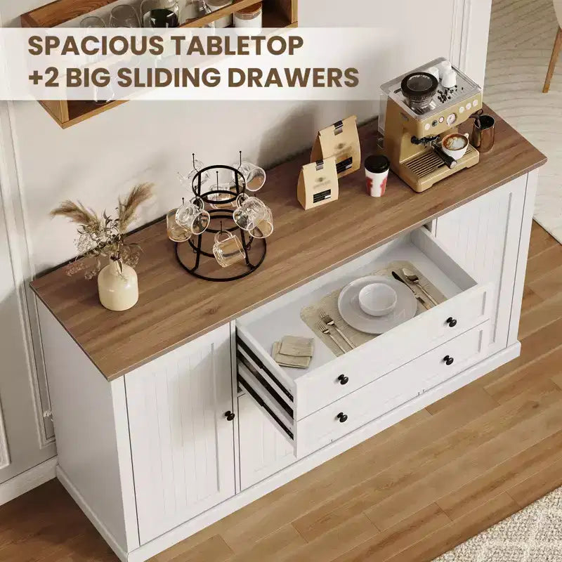 Madia Credenza da 58" con Ante e Cassetti, Mobile Dispensa da Cucina in Legno Stile Fattoria con 4 Ante e 2 Cassetti, Mobile Contenitore per Bar Caffè
