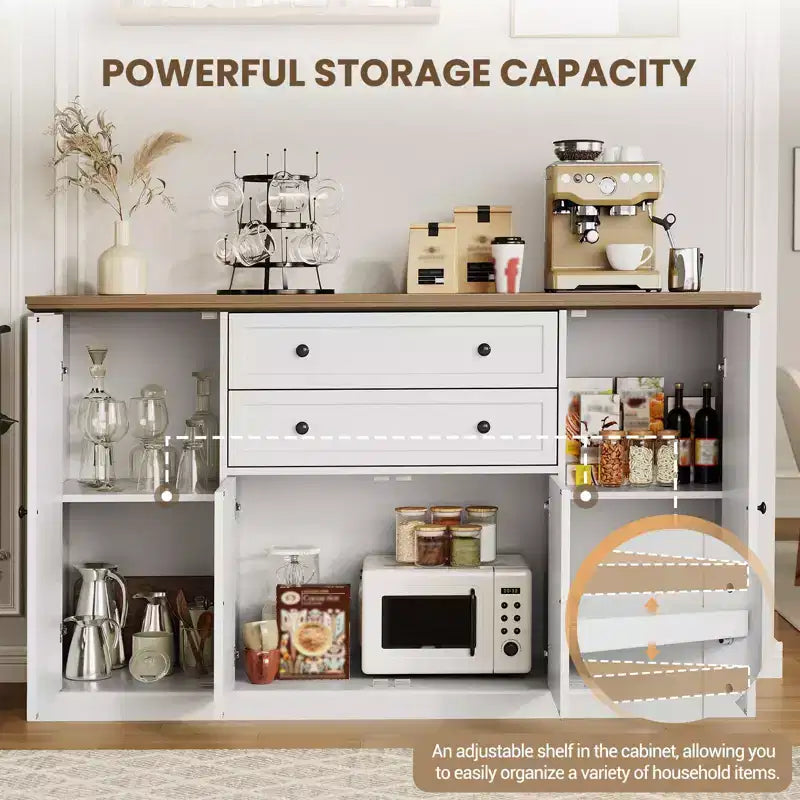 Madia Credenza da 58" con Ante e Cassetti, Mobile Dispensa da Cucina in Legno Stile Fattoria con 4 Ante e 2 Cassetti, Mobile Contenitore per Bar Caffè