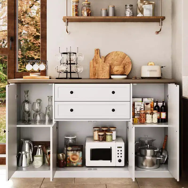 Madia Credenza da 58" con Ante e Cassetti, Mobile Dispensa da Cucina in Legno Stile Fattoria con 4 Ante e 2 Cassetti, Mobile Contenitore per Bar Caffè