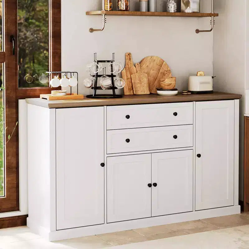 Madia Credenza da 58" con Ante e Cassetti, Mobile Dispensa da Cucina in Legno Stile Fattoria con 4 Ante e 2 Cassetti, Mobile Contenitore per Bar Caffè