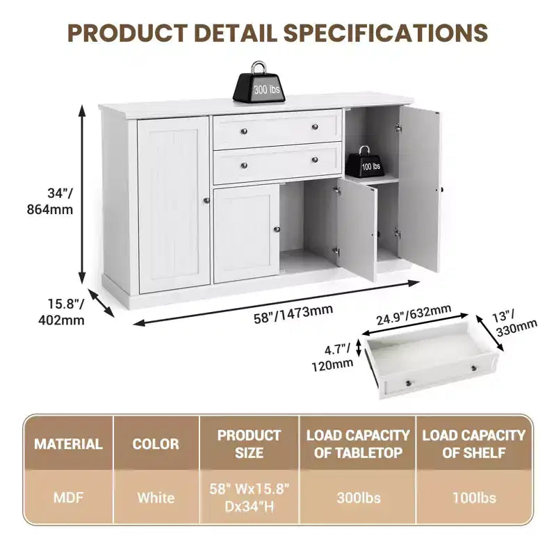 Madia Credenza da 58" con Ante e Cassetti, Mobile Dispensa da Cucina in Legno Stile Fattoria con 4 Ante e 2 Cassetti, Mobile Contenitore per Bar Caffè