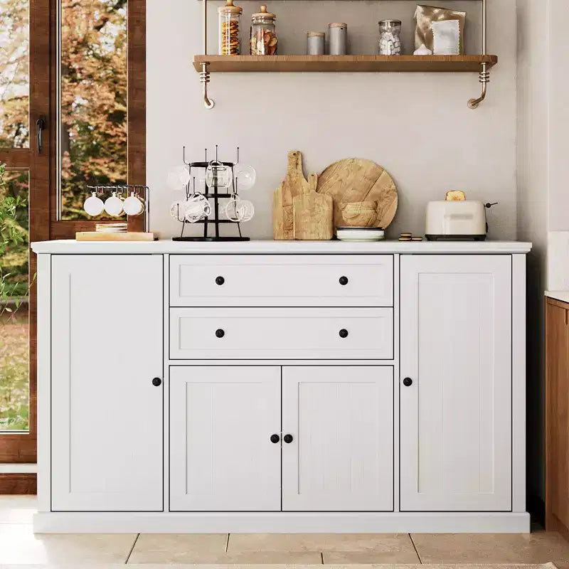 Madia Credenza da 58" con Ante e Cassetti, Mobile Dispensa da Cucina in Legno Stile Fattoria con 4 Ante e 2 Cassetti, Mobile Contenitore per Bar Caffè