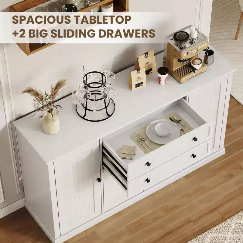 Madia Credenza da 58" con Ante e Cassetti, Mobile Dispensa da Cucina in Legno Stile Fattoria con 4 Ante e 2 Cassetti, Mobile Contenitore per Bar Caffè