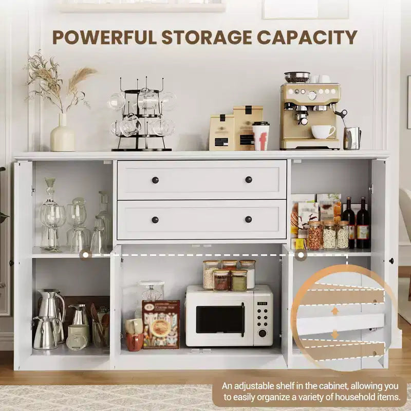 Madia Credenza da 58" con Ante e Cassetti, Mobile Dispensa da Cucina in Legno Stile Fattoria con 4 Ante e 2 Cassetti, Mobile Contenitore per Bar Caffè