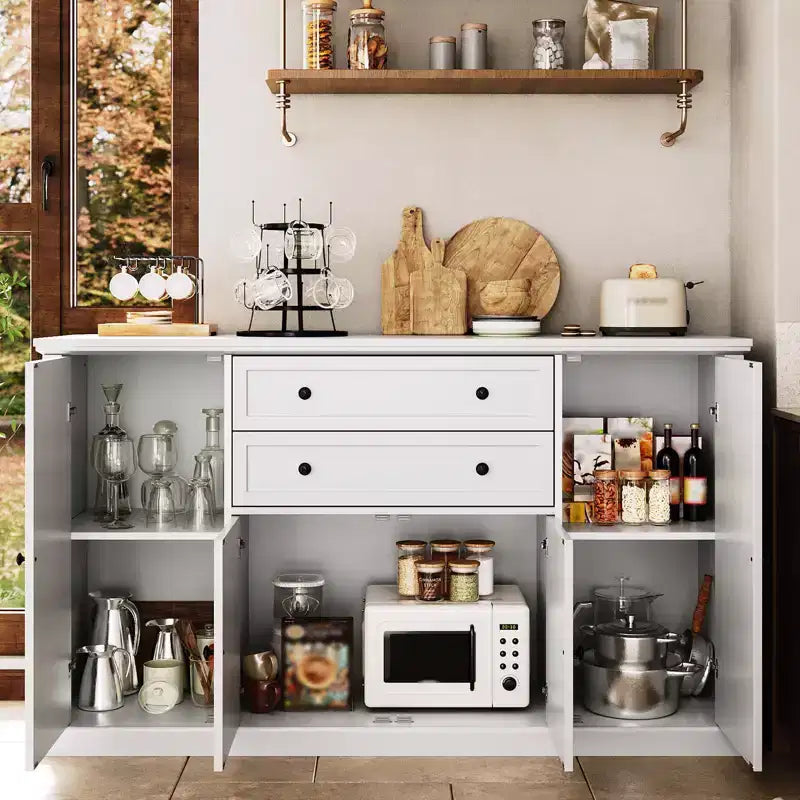 Madia Credenza da 58" con Ante e Cassetti, Mobile Dispensa da Cucina in Legno Stile Fattoria con 4 Ante e 2 Cassetti, Mobile Contenitore per Bar Caffè